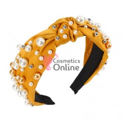 Bentita deosebita pentru par din stofa cu Perle color BTP029B - Mustar